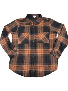Weekends Everyday Womens L Plaid Flannel Shirt Shacket Black/Brown Cabincore